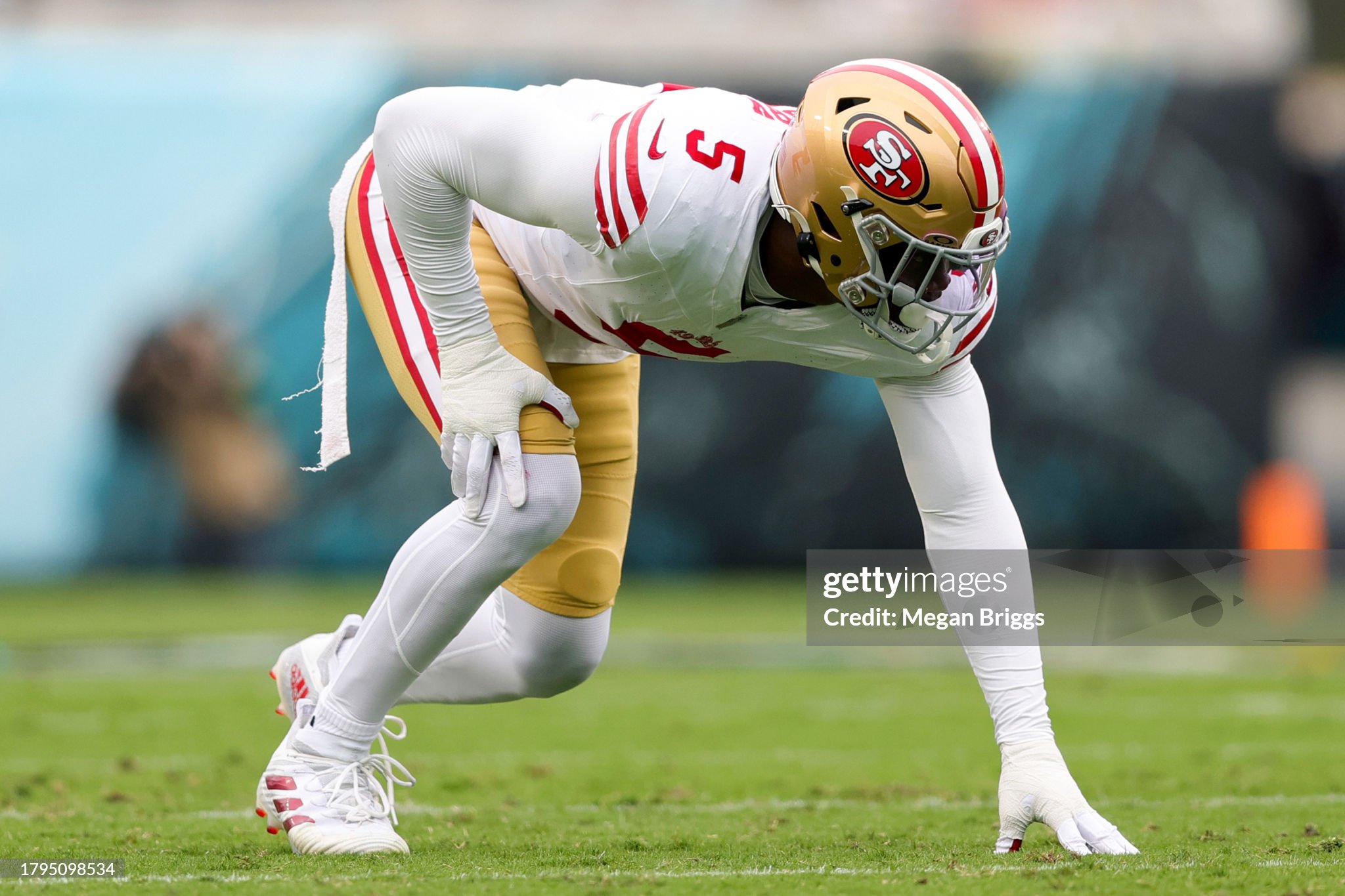 JACKSONVILLE, FLORIDA - NOVEMBER 12: Randy Gregory #5 of the San Francisco 49ers in action against the Jacksonville Jaguars during the first half of the game at EverBank Stadium on November 12, 2023 in Jacksonville, Florida. (Photo by Megan Briggs/Getty Images)