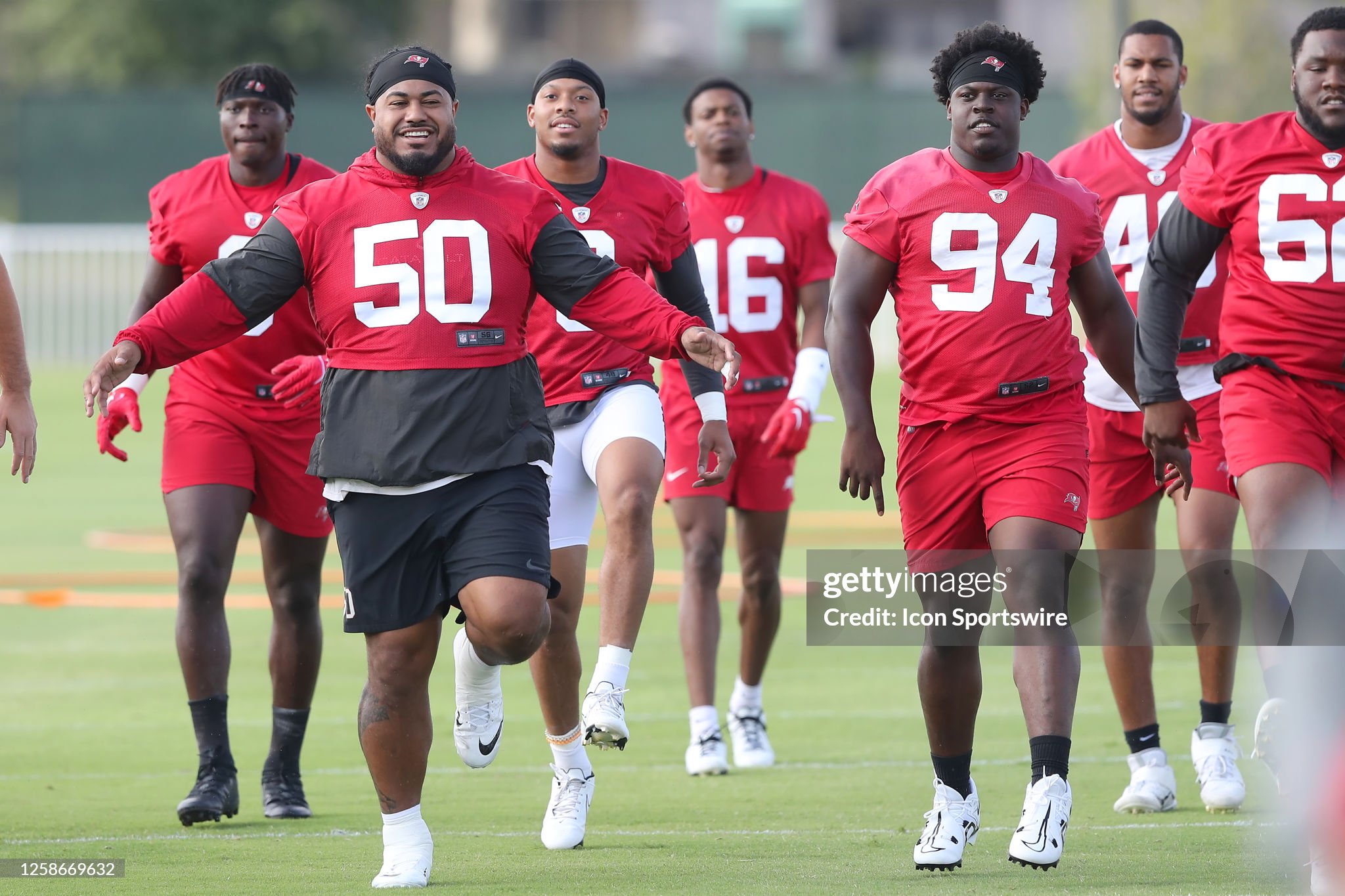 TAMPA, FL - JUN 13: Tampa Bay Buccaneers Defensive Lineman Vita Vea (50) and Calijah Kancey (94) warm up during the Tampa Bay Buccaneers Minicamp on June 13, 2023 at the AdventHealth Training Center at One Buccaneer Place in Tampa, Florida. (Photo by Cliff Welch/Icon Sportswire via Getty Images)